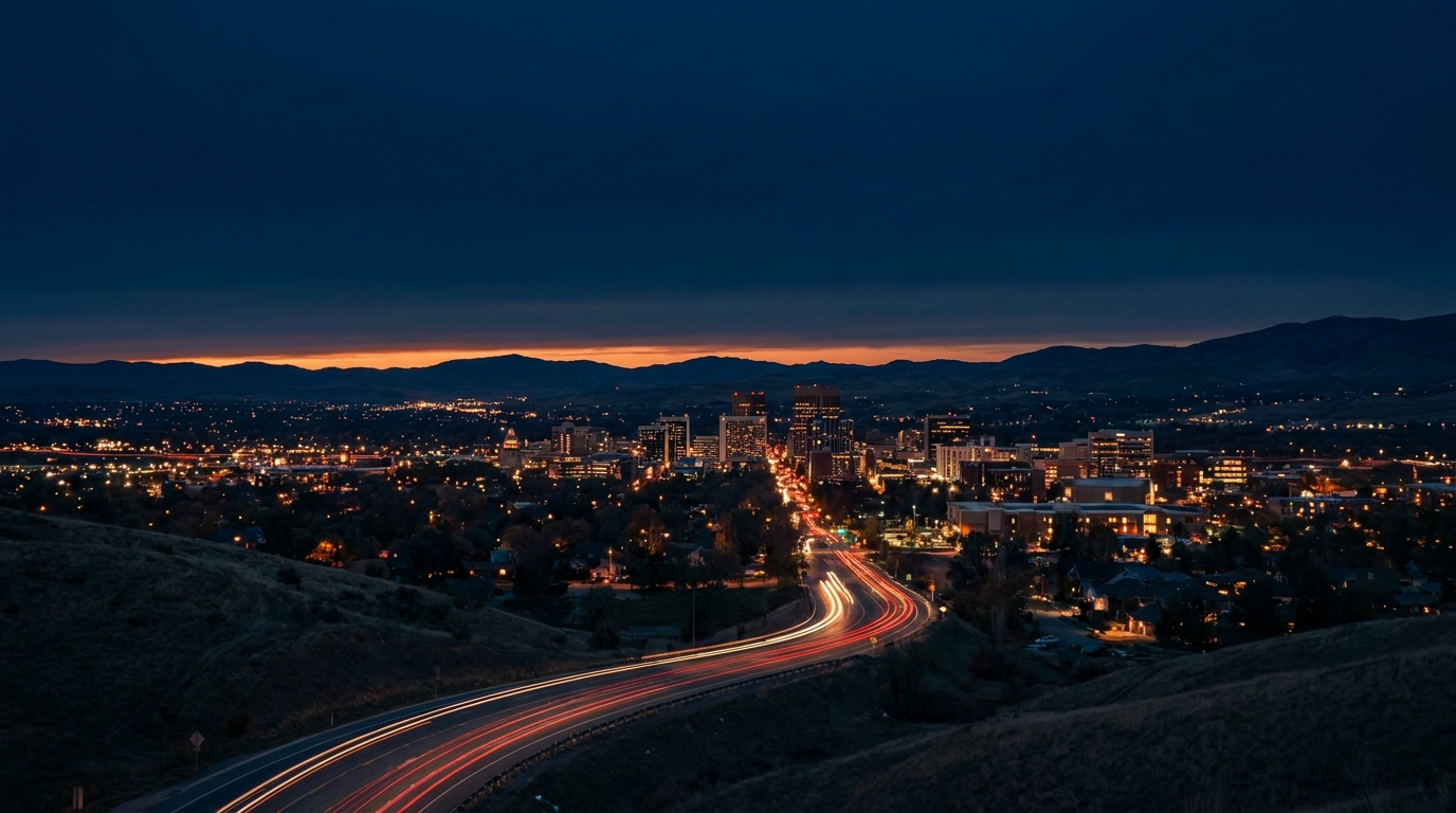 The Boise skyline glowing at dusk beneath the foothills