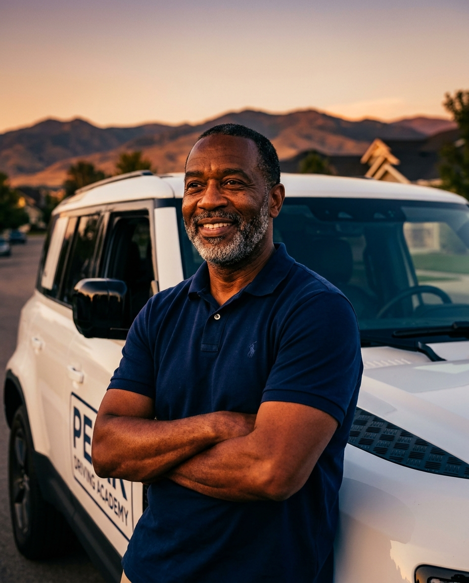 Coach Archie standing beside his training vehicle