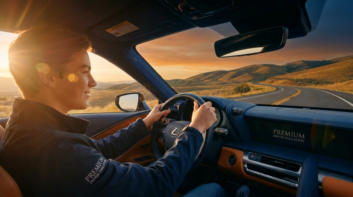 A confident teen driver at golden hour on an open Idaho highway