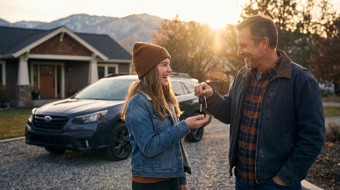 A parent handing car keys to their teen at golden hour