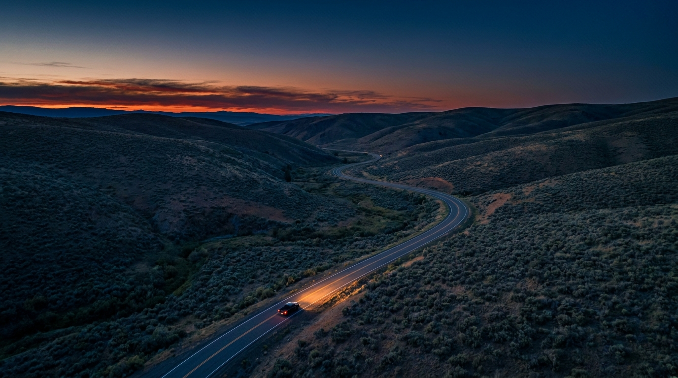 A winding Idaho road at dusk, seen from above